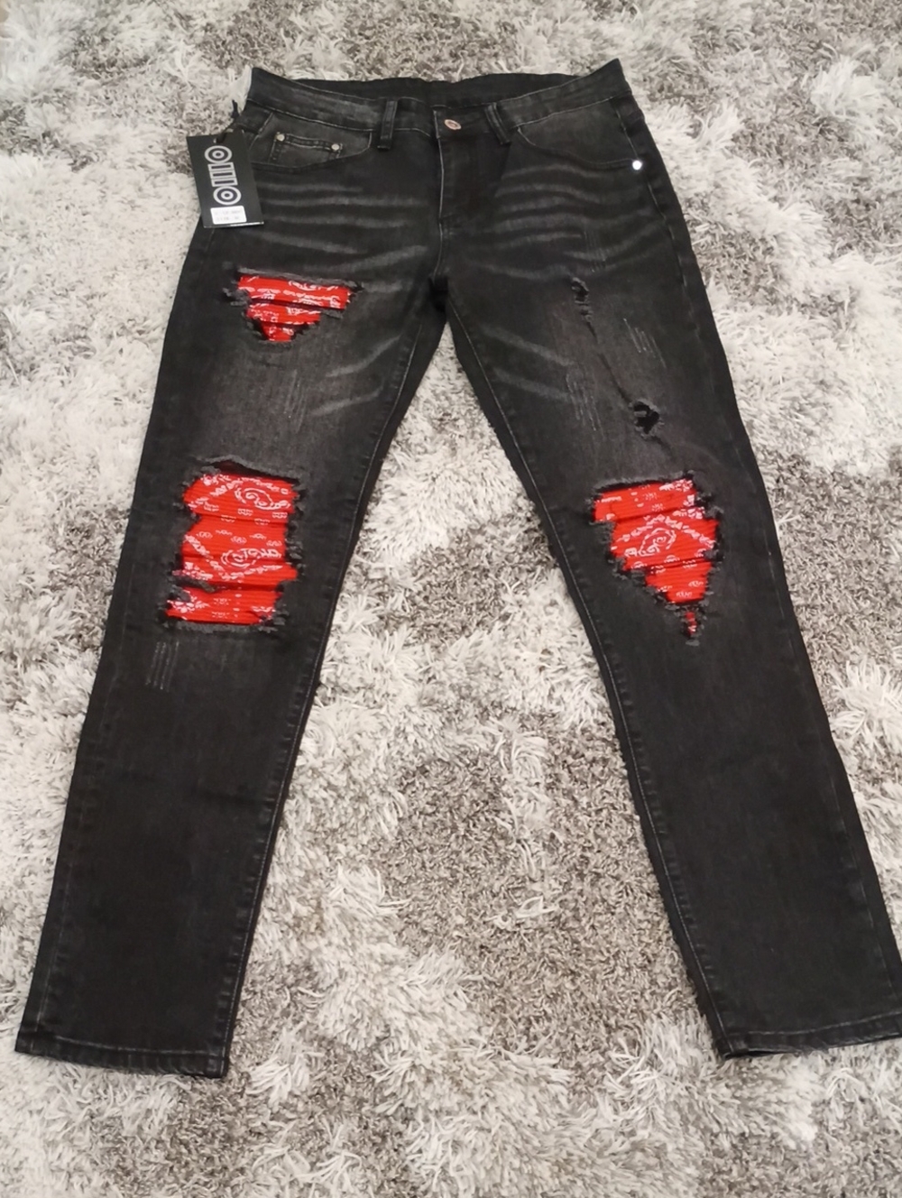 Black Distressed Men's Or Womens Jeans with Red Bandana Inset - OMO Brand